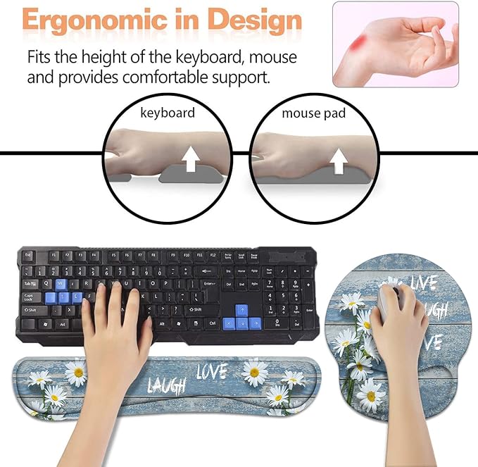 Keyboard Wrist Rest + Mouse Pad Wrist Support Set with Coasters, Dreamy Daisy Vintage Wood Board Live Laugh Love Design Non-Slip PU Base Ergonomic Mousepad for Home Office Working Studying