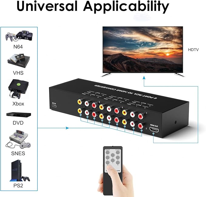Arector 6 Port RCA to HDMI, 1080P/720P 6 Way AV to HDMI Converter Composite CVBS AV Switch to HDMI Converter Adapter Support 4:3/16:9 Switching, for Sega Xbox PS2 PS3 N64 NGC SNES WII VHS VCR Camera