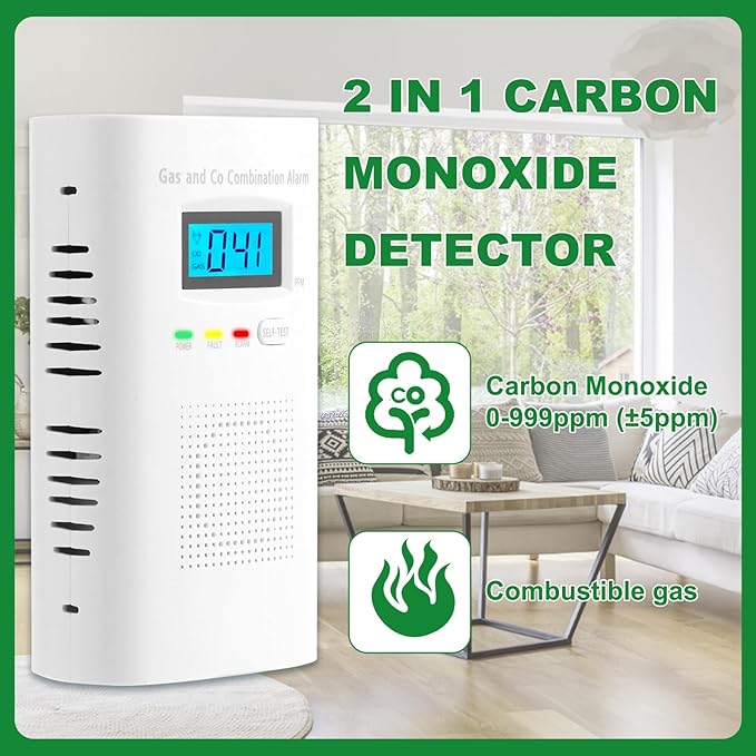 Combination Gas and Carbon Monoxide Detector Plug-in | CO Alarm & Natural Gas Combustible Detector | Digital Display, Battery Backup, Easy Install | for Home Kitchen Safety Monitoring 2-Pack