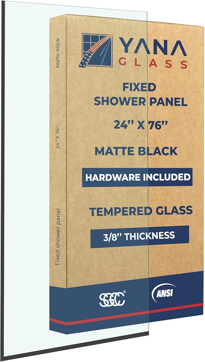 Yana Frameless Shower Door Screen, Fixed Shower Door Panels 3/8" Thick Tempered Glass, Water Repellent, Reversible Shower Wall Panel with Matte Black Finish 24" x 76"