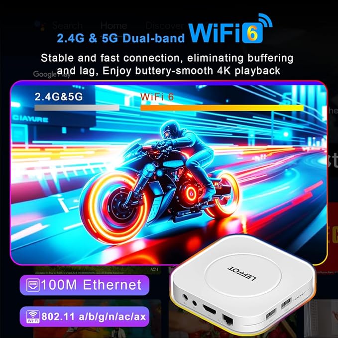 Android 14 TV Box 2025, LEFFOT M1 Plus 4K Ultra HD Streaming Device for TV, 2GB RAM + 16GB ROM, Smart TV Box with Google Assistant Voice Remote, HDR 10, 2.4G & 5G WiFi 6, BT 5.4, RK3528 Quad-Core A53