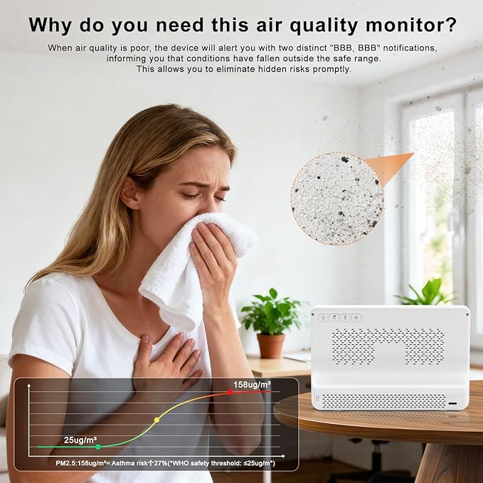 16 in 1 Air Quality Monitor Indoor 7" Display 9 AQI+7 AQI Alerts,Portable Air Quality Tester CO2, TVOC, PM2.5 PM1.0 PM10, HCHO Temperature Humidity AQI & Time Air Quality Meter for Home