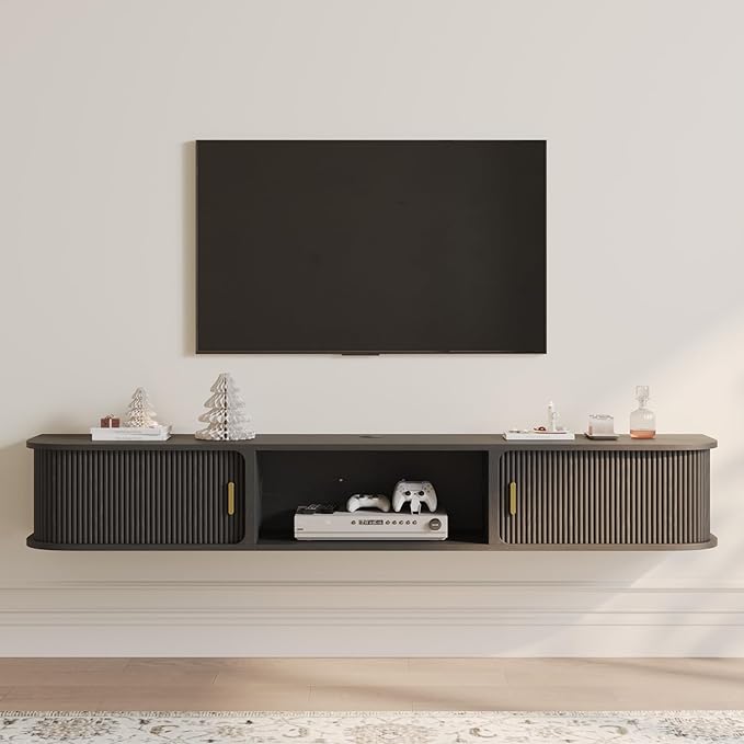 POVISON Mid-Century Modern Floating TV Stand with Sliding Tambour Doors, Fully-Assembled Wall Mounted Media Console for Living Room, Entertainment Center with Open Storage for 75 Inch TV