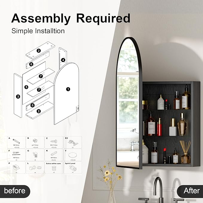 Brushed Black Arched Medicine Cabinet with Mirror, Wall Mount Bathroom Storage Cabinet, Surface Mount, Reversible Left/Right Opening Door, Modern Metal Framed Mirror Cabinet, 20 x 30 Inch