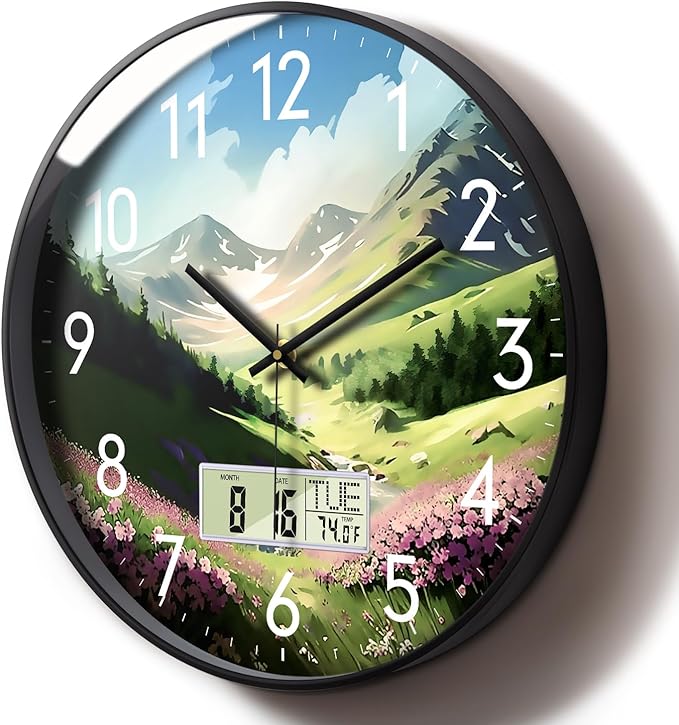 SCOAGE Digital Large Display Silent Wall Clock with Temperature Date Mountain Flowers Modern Non-ticking Battery Operated Mount Clocks Bathroom Kitchen Clock Farmhouse Living Room Office Decor 12 Inch