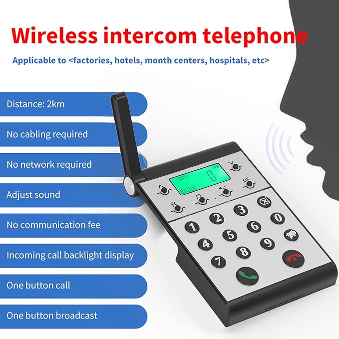 Eujgoov 1000m Distance Wireless Intercom Phone Hands Intercom System Intelligent Networking for Home, Business Office, Classroom, Telephone Audio (Black)