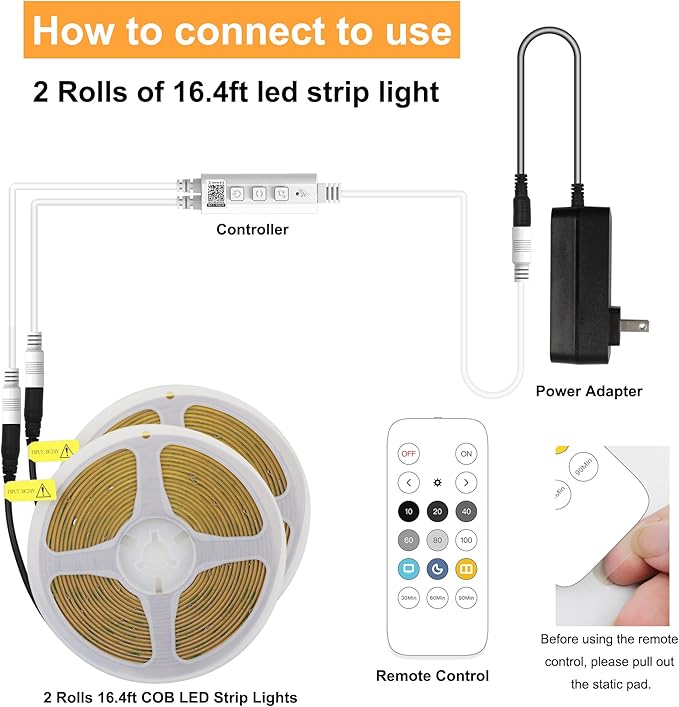 AXMOTUT 32.8ft White COB LED Strip Light, High Bright LED Strips with 320LEDs, RF Remote and UL Power Supply, 6000K Dimmable LED Lights for Bedroom, Kitchen, DIY Home Decoration, 2 Rolls of 16.4ft