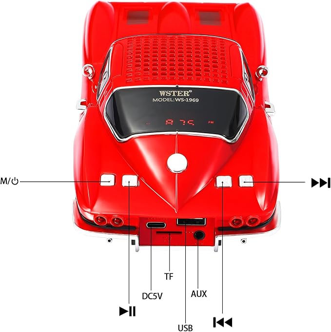WSTER Retro American Style car Bluetooth Speaker, Portable Wireless Outdoor Speaker, TWS Stereo, Support USB/TF/AUX, Party Bluetooth Speaker with Microphone,Classic car Gifts for Men(RED)