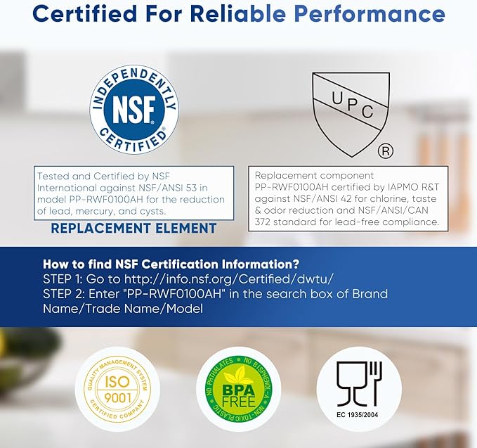 PUREPLUS PRO NSF/ANSI 53&42 Certified Refrigerator Water Filter Replacement for LG LT500P, ADQ72910901, GEN11042FR-08, Kenmore 9890, 469890, HDX FML-1, ADQ72910907 Refrigerator Water Filter, 1Pack