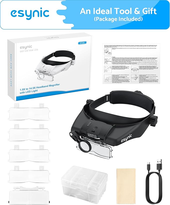 eSynic Type-C Rechargeable Magnifying Glasses Headset-Up to 13X Magnification-5 Interchangeable Lens-2 LED Lights -2 Adjustable Brightness Levels-Comfort & Fit Headband Magnifier for Reading/Jewelry