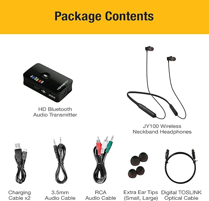HomeSpot Wireless Neckband Headphones for TV Watching with Bluetooth 5.3 aptX LL Transmitter No Delay Lightweight High Volume Ideal for Seniors 3.5mm Aux RCA TOSLINK Optical