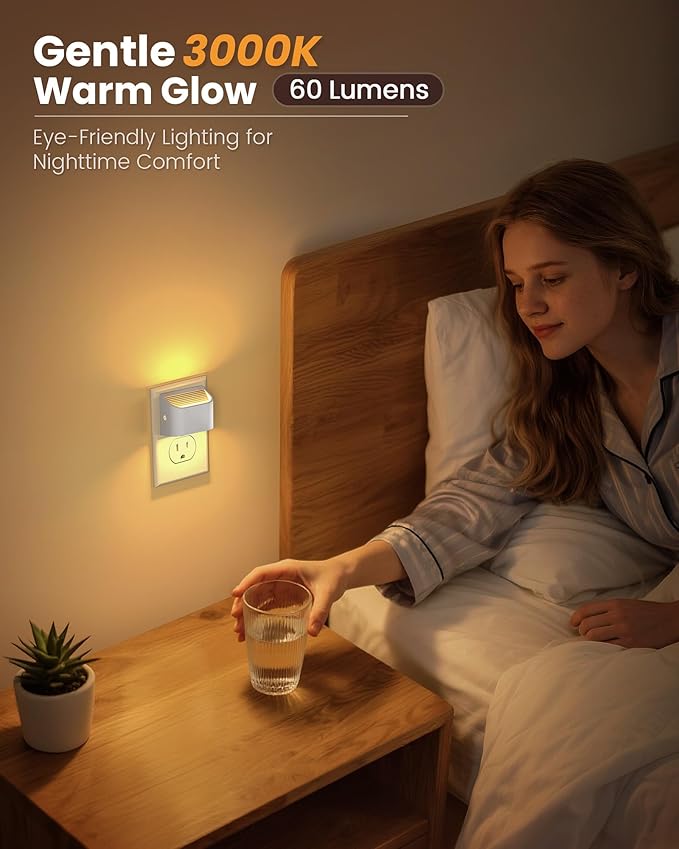 NIORSUN Plug in Night Light, Auto Brightness Sensor Night Light, 3000K Warm White, Ultra-Slim Wall Light for Hallway Bathroom Bedroom Stairs, White, 2 Pack