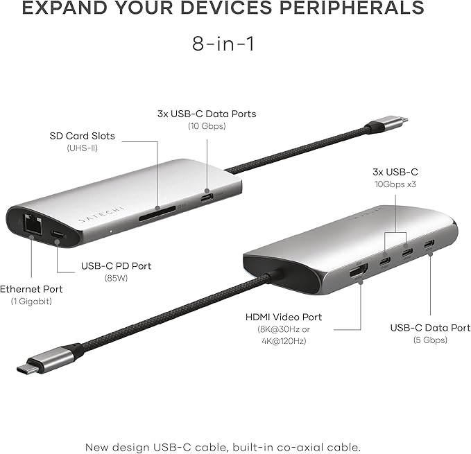 Satechi 8 in 1 USB C Hub Multiport Adapter V3, 8K HDMI, 100W Charging, 4 USB Data Ports, Ethernet, SD Card Reader, for Laptop, for Mac/Windows, MacBook Air/Pro M5/M4, iPad - Space Gray