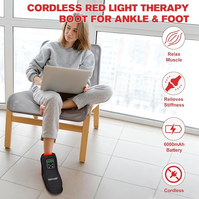 Rechargeable Red Light Therapy Feet Ankle, 132 LEDs 660 nm Red Light and 850 nm Infrared Light Therapy Shoe, with 6000mAh Battery Adjustable Power and Time Controller
