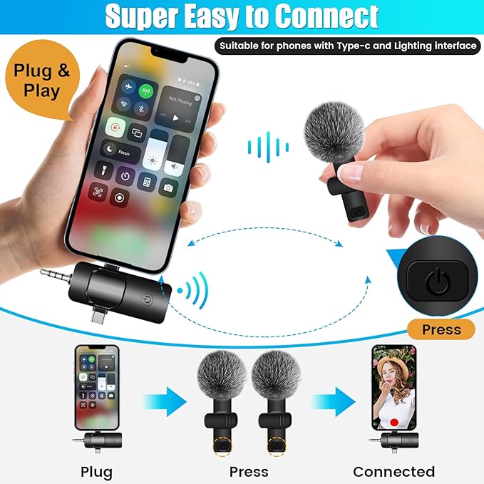4 in 1 Wireless Lavalier Microphone for iPhone/USB C Android/Camera/Laptop PC,Mini Microphone 2.4G Ultra-Low Delay with Noise Reduction Cordless Lapel Mics for Video Recording, Vlog, YouTube, TikTok
