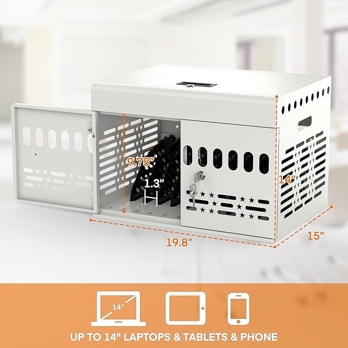 12-Device Charging Cabinet -Lockable Charging Station for iPad, Chromebook,Laptop&Tablet- American Style Charging Cabinet with Cord Management Ideal for Classrooms & Offices (Grayish White)