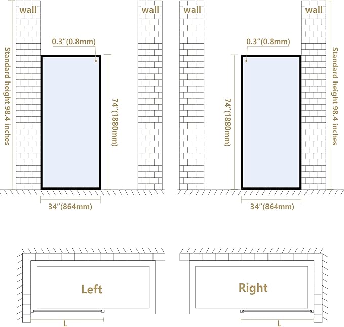 Bathroom Fixed Glass Shower Wall Panels, 34 in W x 74 in H Framed Tempered Shower Glass Panel for Open Walk-in Bathroom and Bathtub, Clear Glass Shower Panel with Matte Brushed Gold Finish
