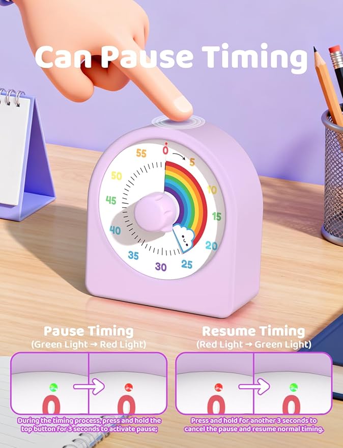 LIORQUE Visual Timer for Kids with Pause Function,Timer for Kids and Adults, Protective Case, Silent Time Management Tool, 60-Minute Countdown for Classroom, Office, Meetings, Study, Kitchen(Rainbow)