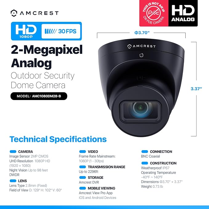 Amcrest Analog Outdoor Security Camera, Dome 2MP 1080P @ 30fps, Quadbrid - Image 7