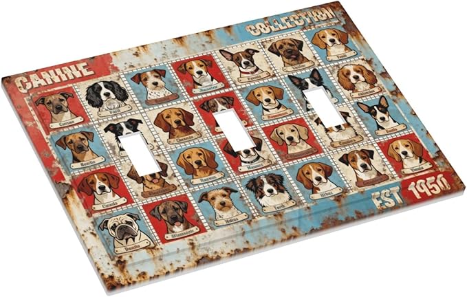 Bvtewkhz Dogs Funny Puppy Pets Vintage 3 Gang Triple Toggle Decorative Outlet Covers Light Switch Plate Electrical Receptacle Switchplate For Bathroom Kitchen Bedroom