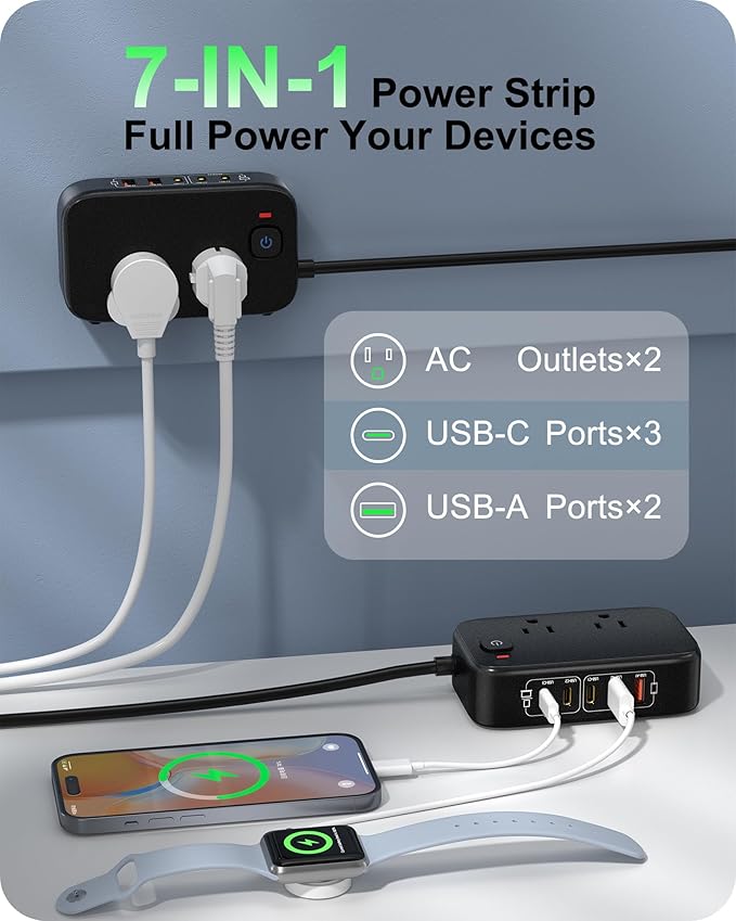 KWRNVO 7-in-1 Power Strip, PD GaN 65W USB C Power Strip with 3 USB-C, 2 USB-A Ports and 2500W AC Outlet, Flat Plug Essentials for Home/Office/College/Travel (Pearl Black, 65W)