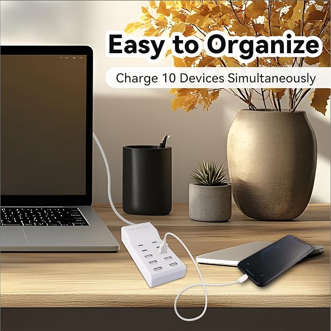USB Charging Station with 6 USB-A & 4 USB-C Ports, 50W 10A USB Charging Block for Smart Phone, Tablet, Laptop, Multiple Devices - USB Power Strip with Auto-Detect Technology (1 PCS)