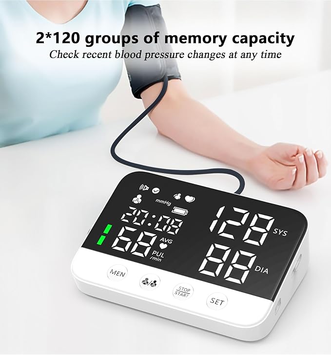 LERONGHEALTH Digital Upper Arm Blood Pressure Monitor for Home Use, Rechargeable, Large LED Display, Systolic Diastolic Pulse Reading, Voice Broadcast, 240 Memory Storage for 2 Users，FDA Cleared