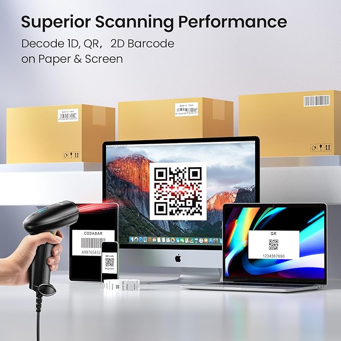 Anyeast Barcode Scanner with Stand: USB Wired Inventory 2D 1D QR Code Scanner,Compatible with Computer POS MAC with Automatic Scanning, Handheld Barcode Reader for Library Supermarket（Yellow）
