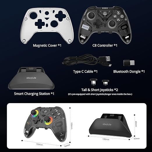 C8 PC Controller - Wireless Bluetooth Gamepad - Hall Effect Joystick RGB Backlit - 1000Hz Polling Rate -Dual Vibrate Macro Buttons for PC, Switch, Switch 2, Steam Deck, Android, iOS, MAC &Tesla Charging Dock