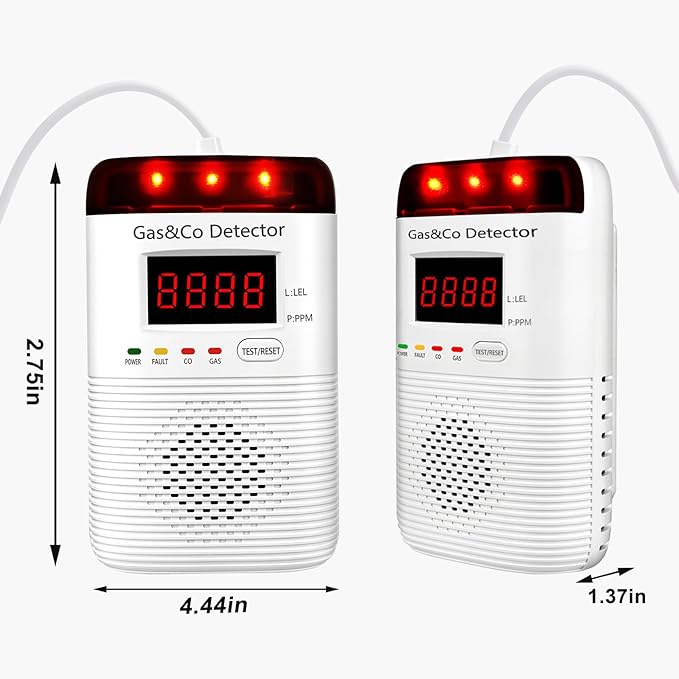 2 Packs Combination Gas & Carbon Monoxide Detectors Plug in, Portable CO Detector with Digital Display Audible & Visual Alarm, Gas & CO Alarm Applicable to for Home, Kitchen, Hotel