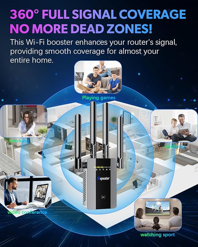 2026 New WiFi Extender Signal Booster, Long Range up to 13355Sq.ft, Wireless Internet Repeater Routers Signal Amplifier for Home, Office, Garage, 8X Faster Access Point with Ethernet Port, 1-Tap Setup