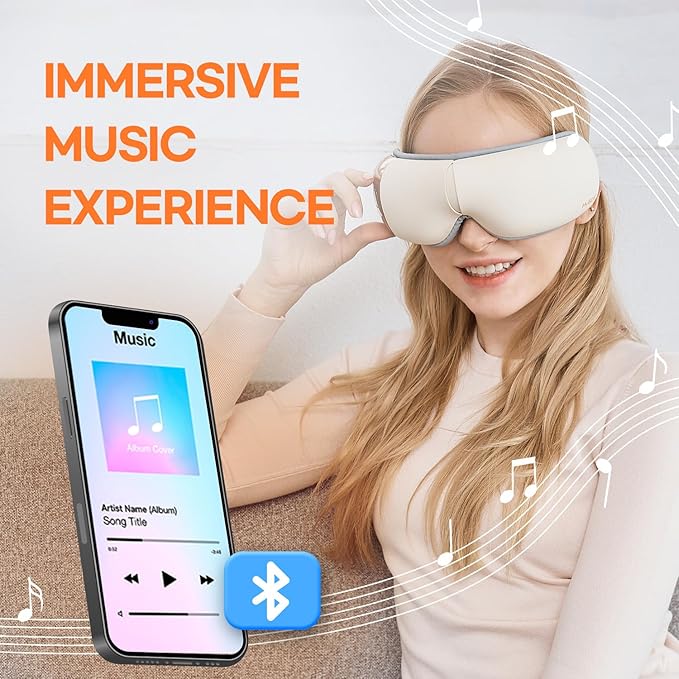 HubiCare Eye Massager with Heat, Vibration, and Music Helps Relieve Strain, Dark Circles, Dryness, and for Migraine Relief Relaxation and Better Sleep Valentines Day Gifts for Women/Men (Beige)