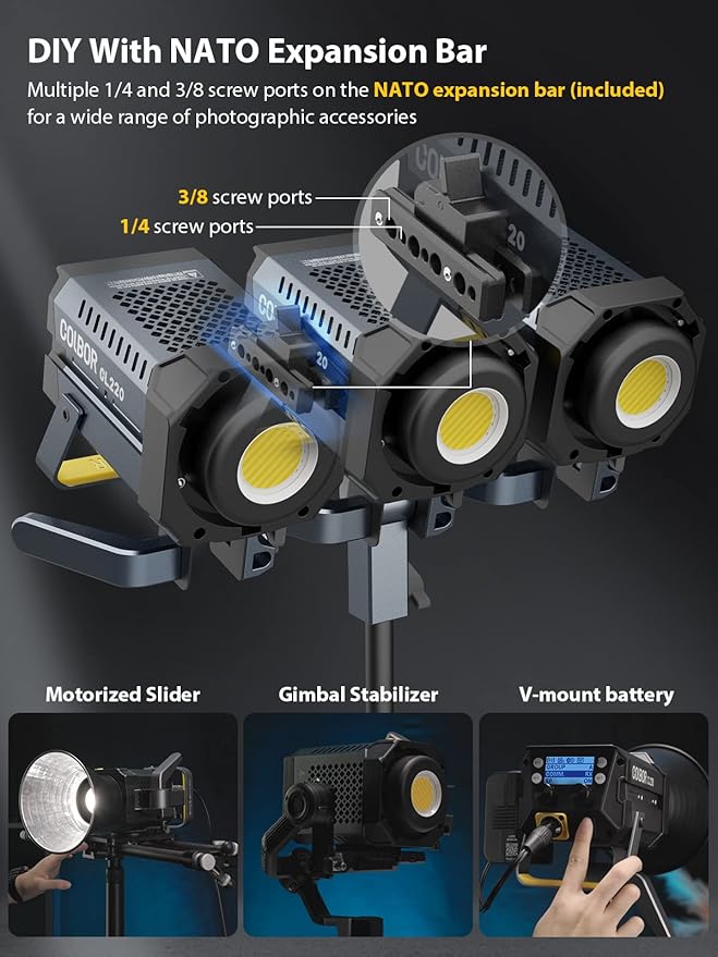 Video Light, COLBOR CL220 Lite 220W Continuous Lighting 2700-6500K Bi-Color CRI96+ 9,430Lux@3.3ft with 10 Light Effects for Film Photography【Carrying Bag and Reflector NOT Included】
