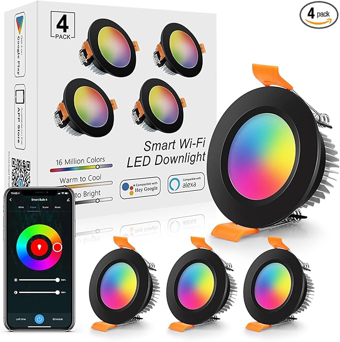 LightingWill 2 Inch Recessed Lighting, Smart WiFi LED Downlight, 5W LED Ceiling Light Compatible with Alexa/Google Assistant, Dimmable RGB & 2700K-6500K, 120V with Driver, Black Trim (4 Pack)