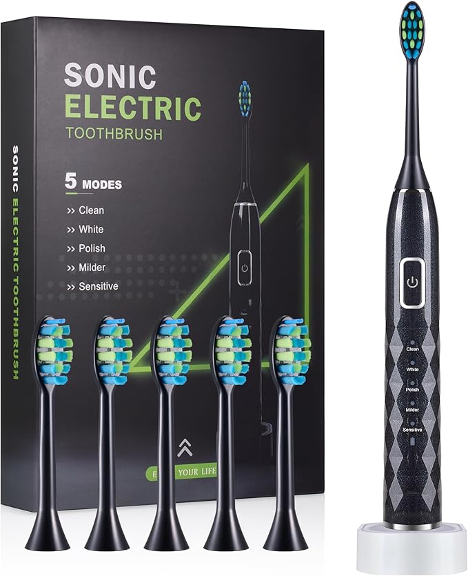 ZUAMEGU Sonic Electric Toothbrush for Adults - Deep Cleaning Teeth Whitening6 Replacement Brush Heads100-Day Battery5 Modes w/SensitiveIPX7 Waterproof (Color Options)