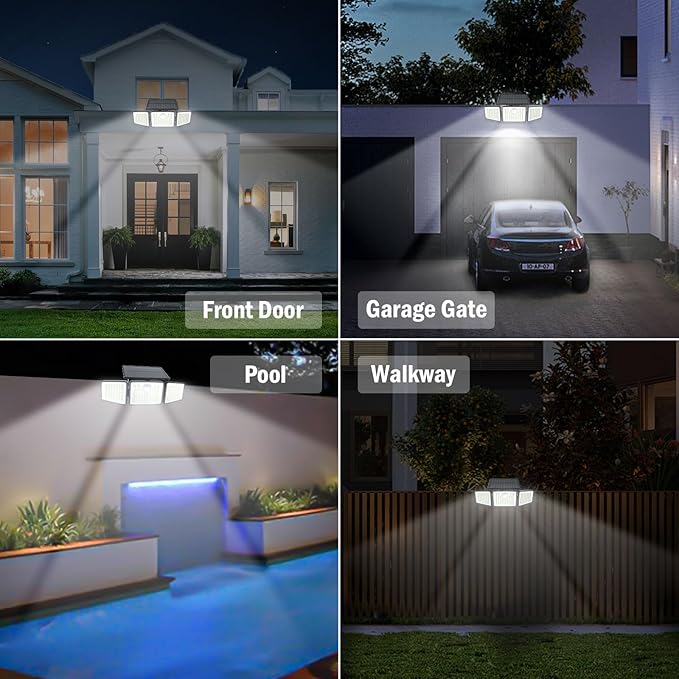 daphino 2500LM Solar Lights Outdoor with Motion Sensor,3 Head 270° Wide Angle Street Area Lights,IP65 Waterproof Security Lighting with 3 Modes(Remote,2 Pcs)