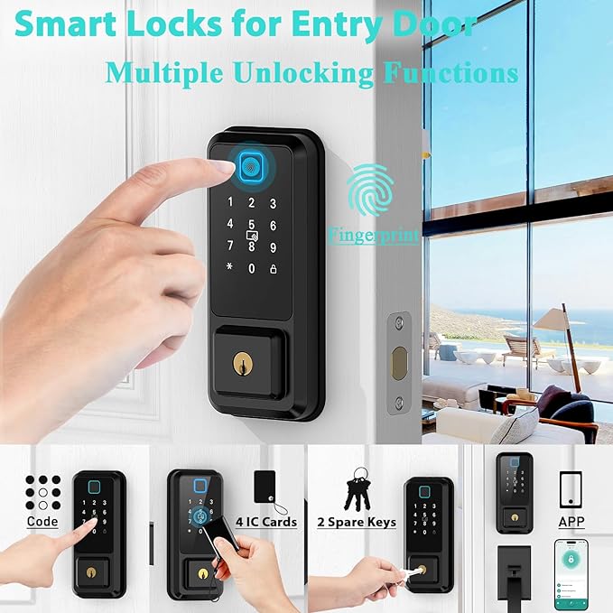 CINOP Smart Locks for Front Door with Handle Set, App Control, WiFi Front Door Lock Touchscreen keypad, Keyless Entry Door Lock Fingerprint Deadbolt, Auto Lock (Black)