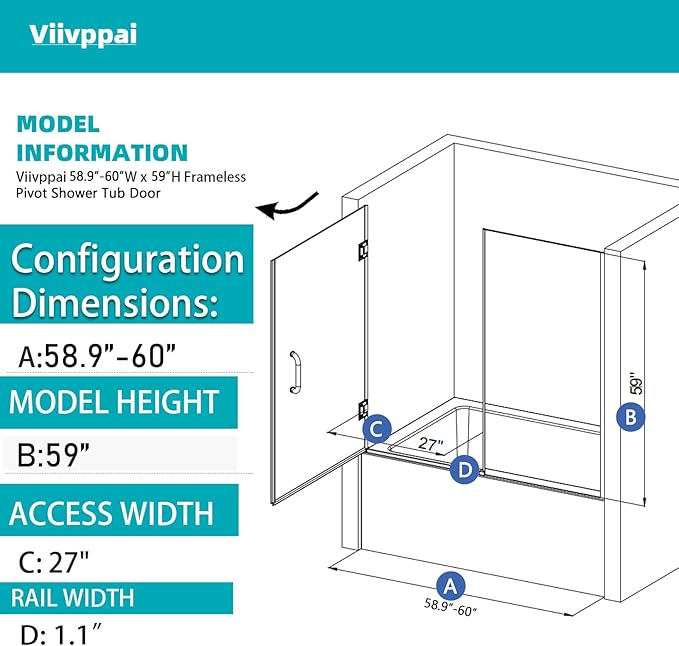 Pivot Swing Bathtub Door, Adjustable Width 60" W x 59" H Semi-Frameless Shower Glass Door with 5/16 in (8mm) Clear SGCC Tempered Glass with Nano Easy-Clean Coating (Matte Black)
