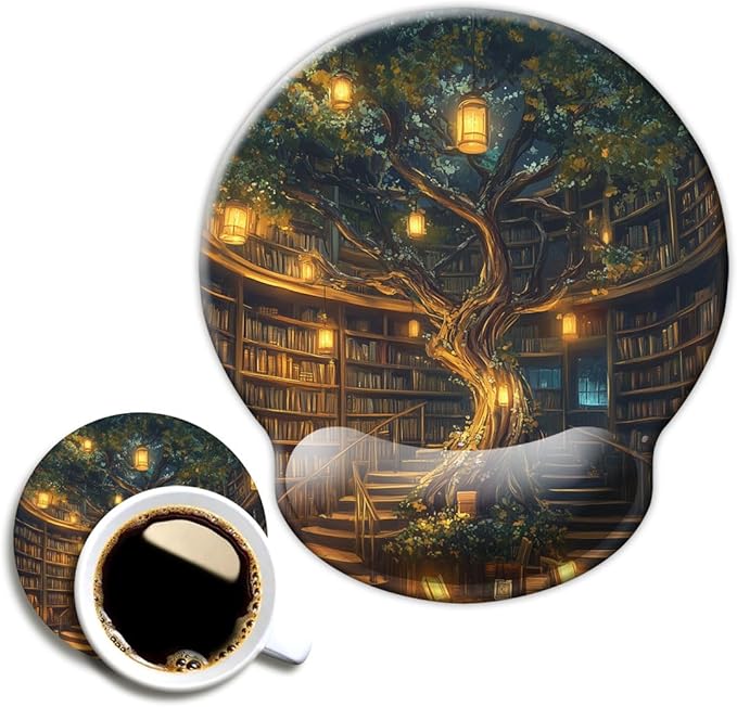 Ergonomic Mouse Pad with Wrist Support,Mouse Pad with Wrist Rest,Relieve Wrist Pain Mousepad Non-Slip Rubber Base,Mouse Pads for Desk,Computers,Laptop,Office,Home,Accessories Library Tree