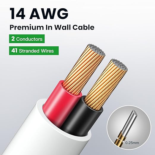 BAHIWOM Fire Safety CL2 Speaker Wire in-Wall & in-Ceiling 14 Gauge Wire 200 FT CCA Cord 2 Conductors Red Black Speaker Cable for Indoor Home Theater System,Car Audio Soft White Jacket