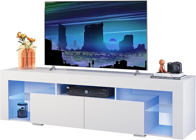 WLIVE TV Stand for 65 to 70 Inch TV, Modern Entertainment Center with LED Lights & 2 Large Storage Drawers, Wood TV Console for Living Room, Bedroom(White)