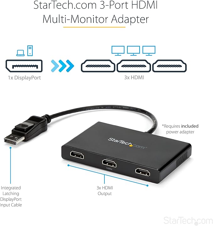 StarTech.com 3-Port Multi Monitor Adapter - DisplayPort 1.2 to 3x HDMI MST Hub - Triple 1080p HDMI Monitors - Video Splitter for Extended Desktop Mode on Windows PCs Only - DP to 3x HDMI (MSTDP123HD)