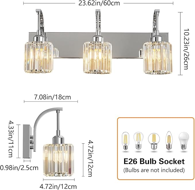 FDPBY 3-Light Crystal Vanity Light, Modern Chrome Bathroom Wall Sconce with K9 Crystal Shades, 23.62" Long Over Mirror Lighting for Vanity, Makeup, Hallway, Elegant & Durable