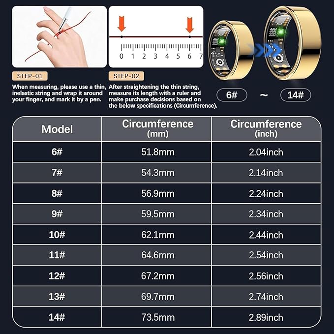 Smart Health Ring for Women Men, Fitness Tracker Ring with Heart Rate, Blood Oxygen, Sleep Tracker, Step Tracker, No Subscription Fee, IP68 Waterproof Smart Ring for iPhone & Android (Gold, 6#)
