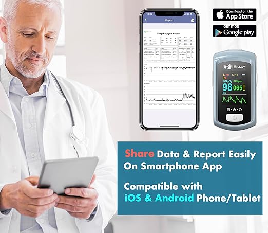 EMAY Sleep Oxygen Monitor with PC Software & App | Bluetooth Pulse Oximeter Rechargeable for Overnight & Continuous SpO2 Tracking with 72 Hours Built-in Memory | Gives Informative Report & Analysis