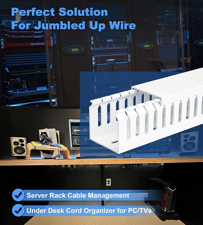 ZhiYo 2x2in Professional Server Rack Cable Management Raceway, 6.6ft (2 x 3.3ft) Cable Raceway Kit, Electrically Safe PVC Open Slot Wire Cover, Cord Hider for Under Desk/Computer/Network Cords White