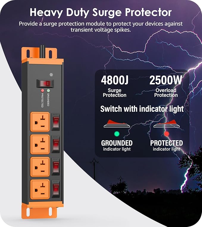CCCEI Heavy Duty Surge Protector Power Strip 20 Amp Individual Switches. 4FT 12 Gauge Extension Cord with Multiple Outlets. Kitchen, Garage, Shop, Industrial Wall Mount Electric Extender, Orange.