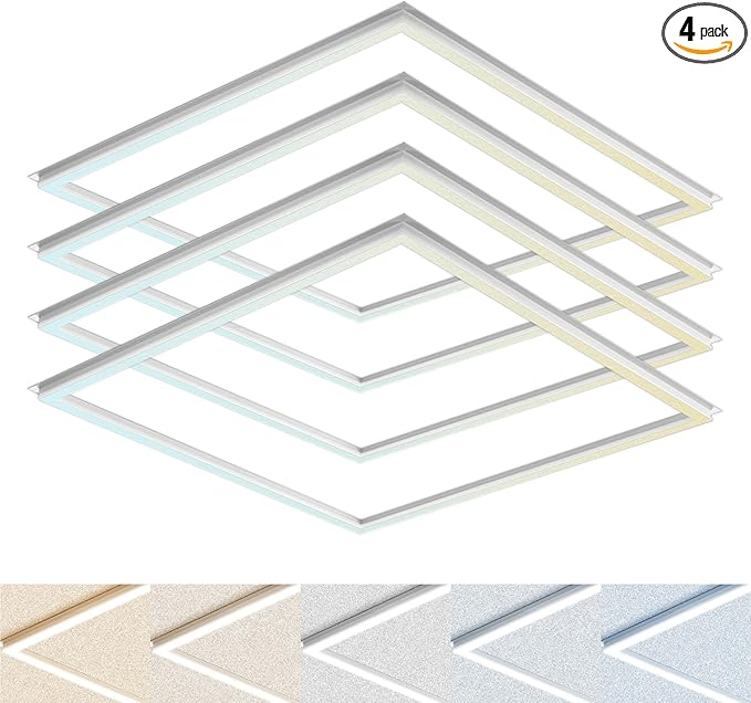 LUXRITE 2x2 FT Edge-Lit Frame LED Panel Lights, 5CCT Selectable 3000K-6500K, 2600/3900/5200LM, 20W/30W/40W Switch, Grid Drop Ceiling Lights, 0-10V Dimmable, Damp Rated, 100-277V, ETL Listed (4 Pack)