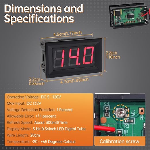 DiGiYes 5 Pack DC 5-120V Digital Mini Voltmeter 2 Wire 0.56 inch LED Display Panel Voltage Meter for Car Motorcycle Battery Monitor (Red)