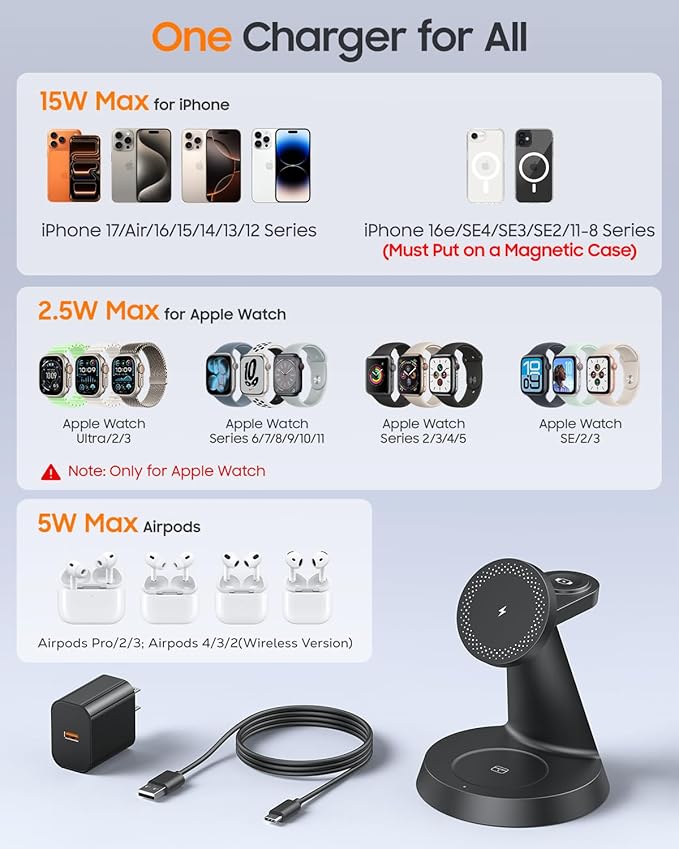 3 in 1 Magnetic Charging Station for Apple Devices, 15W Fast Wireless Charger Compatible with MagSafe Charging Stand Dock for iPhone 17 16 15 14 13 12, Watch Charger Stand for Apple Watch & Earbuds